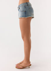 Elias Low Rise Distressed Denim Shorts - Vintage Wash Blue