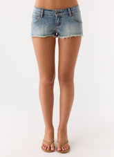 Elias Low Rise Distressed Denim Shorts - Vintage Wash Blue