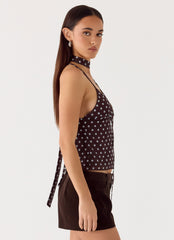 Quiero Backless Top - Chocolate Blue Dot