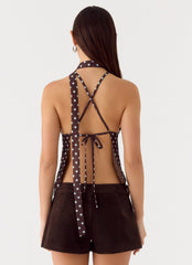 Quiero Backless Top - Chocolate Blue Dot