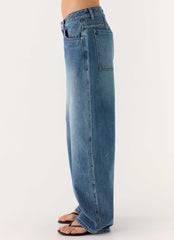Stevie Low Rise Barrel Leg Jeans - Mid Wash Blue