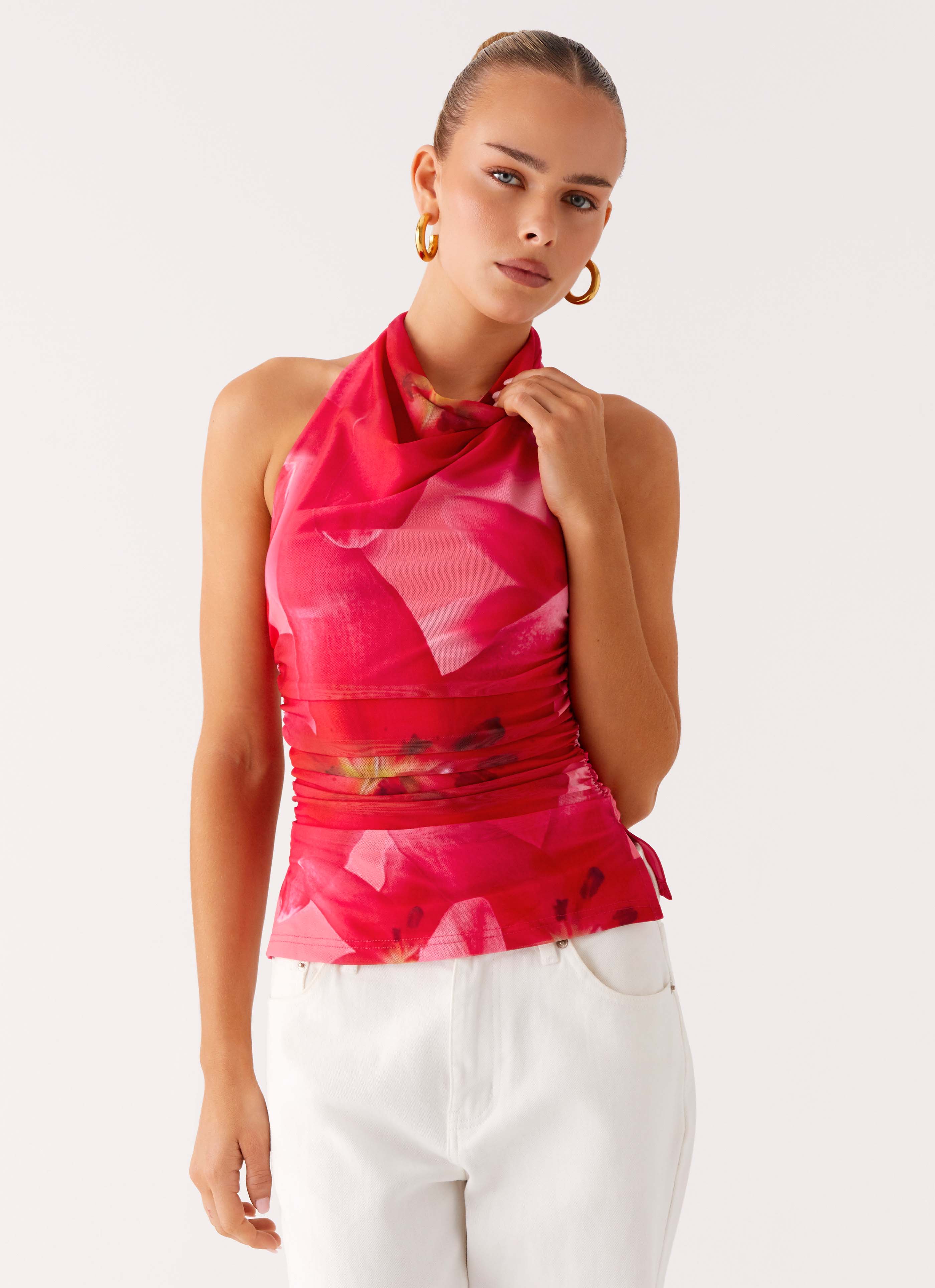 Delany Halter Top - Peach Watermelon Flower