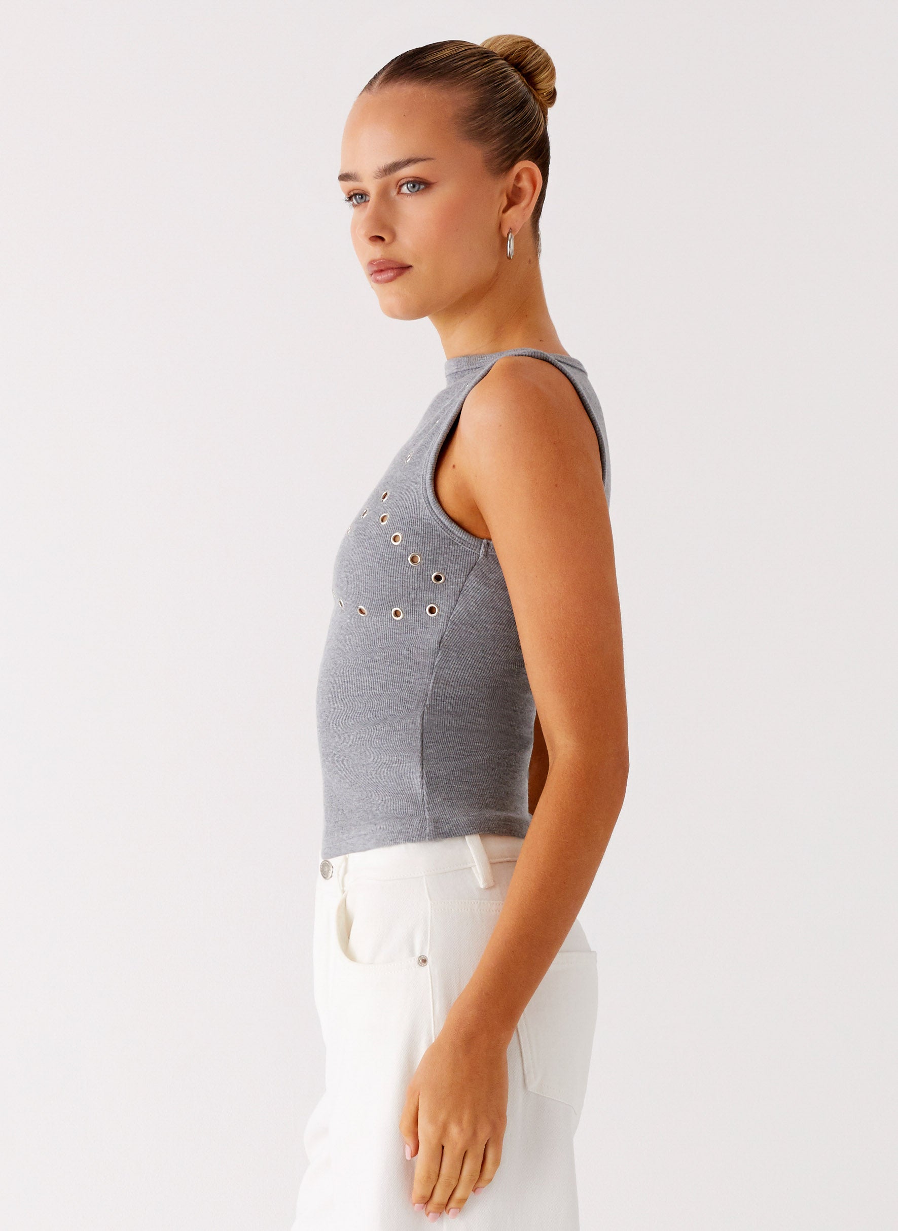Drop Top Ribbed Eyelet Tank Top - Marle Grey