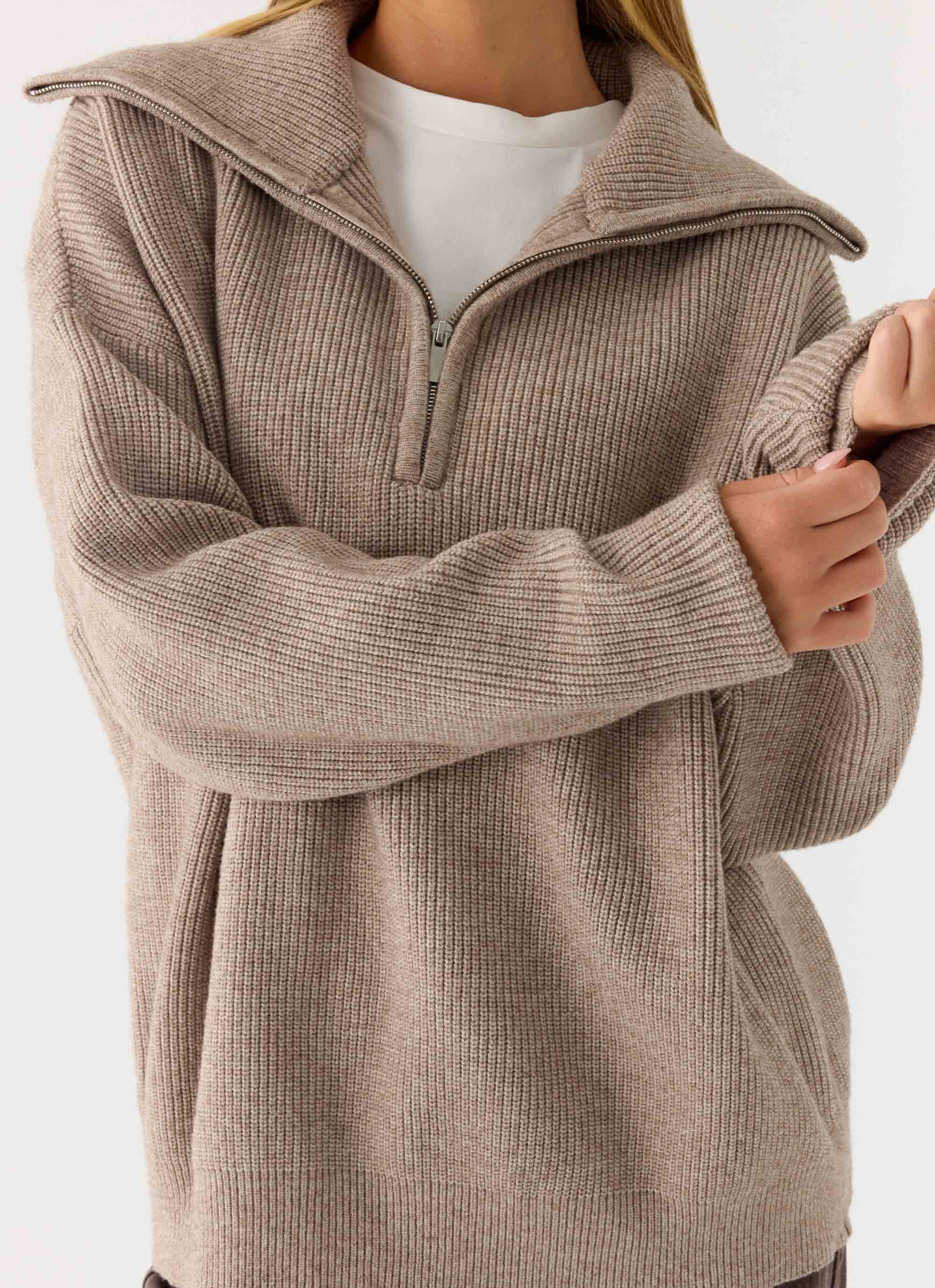 Eirena Quarter Zip Knit Sweater - Tan