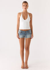 Elias Low Rise Distressed Denim Shorts - Vintage Wash Blue