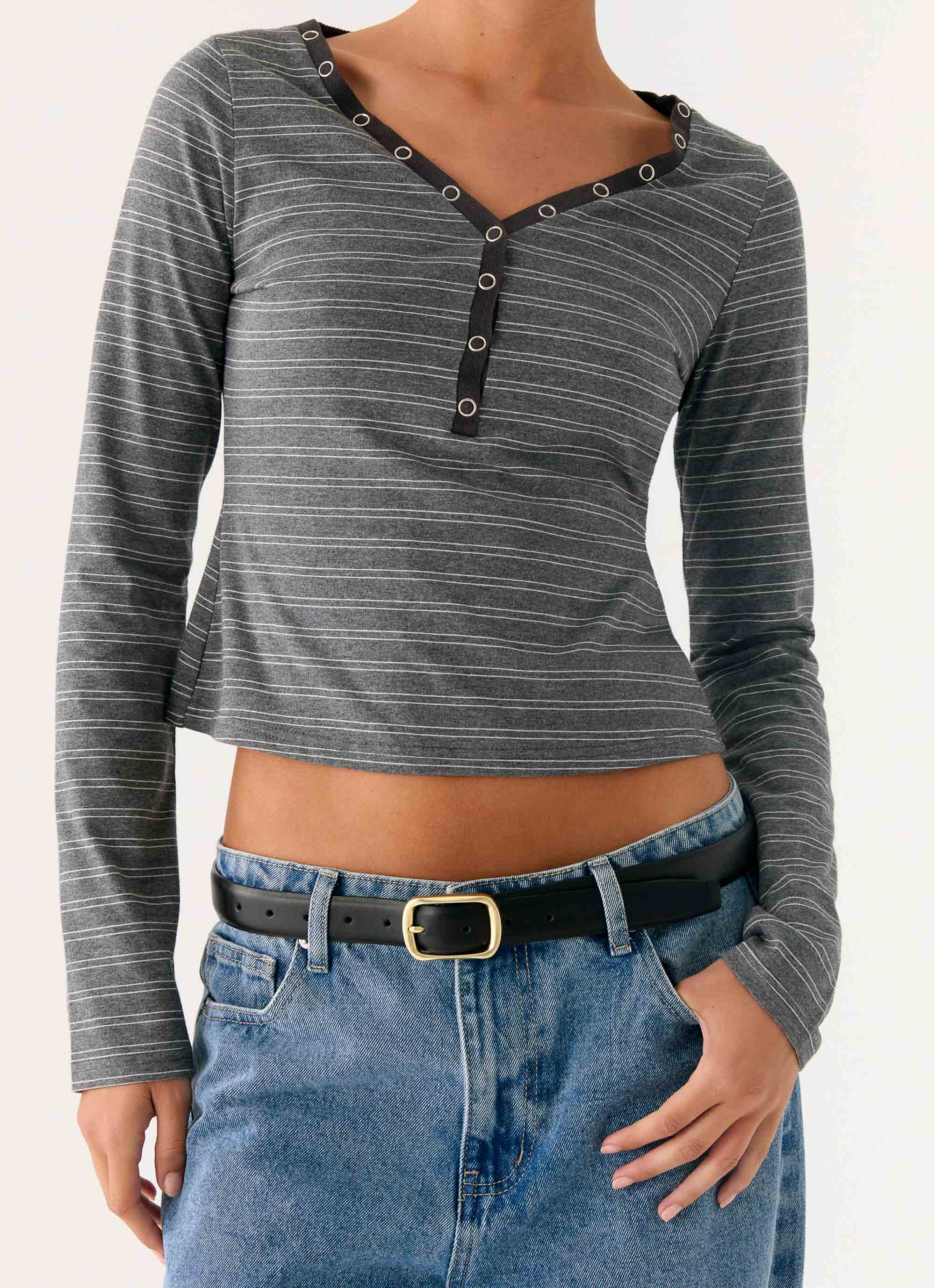 Kaytra Long Sleeve Top - Grey Marle Stripe