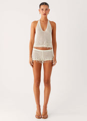 Pearl Shore Beaded Crochet Top - Ivory