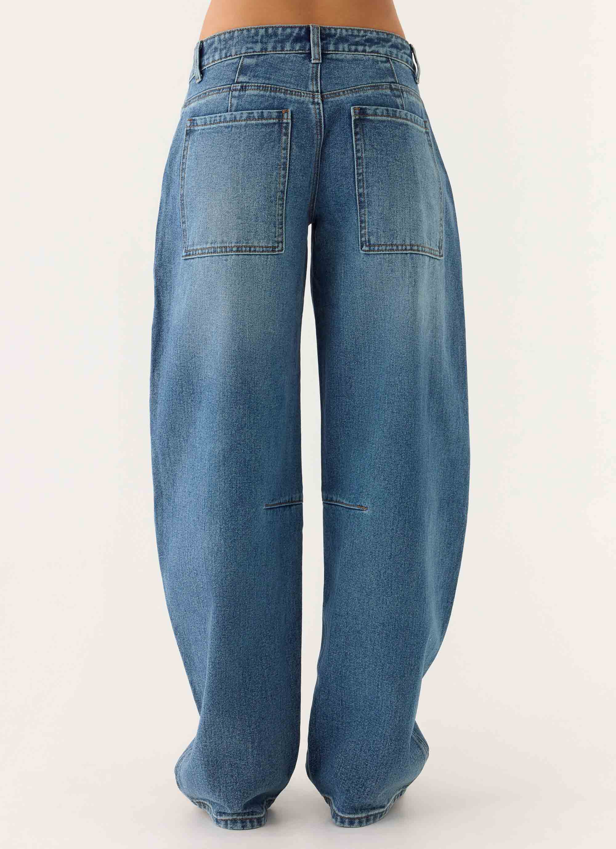 Stevie Low Rise Barrel Leg Jeans - Mid Wash Blue