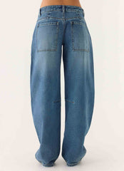 Stevie Low Rise Barrel Leg Jeans - Mid Wash Blue