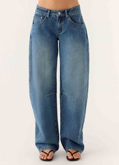 Stevie Low Rise Barrel Leg Jeans - Mid Wash Blue