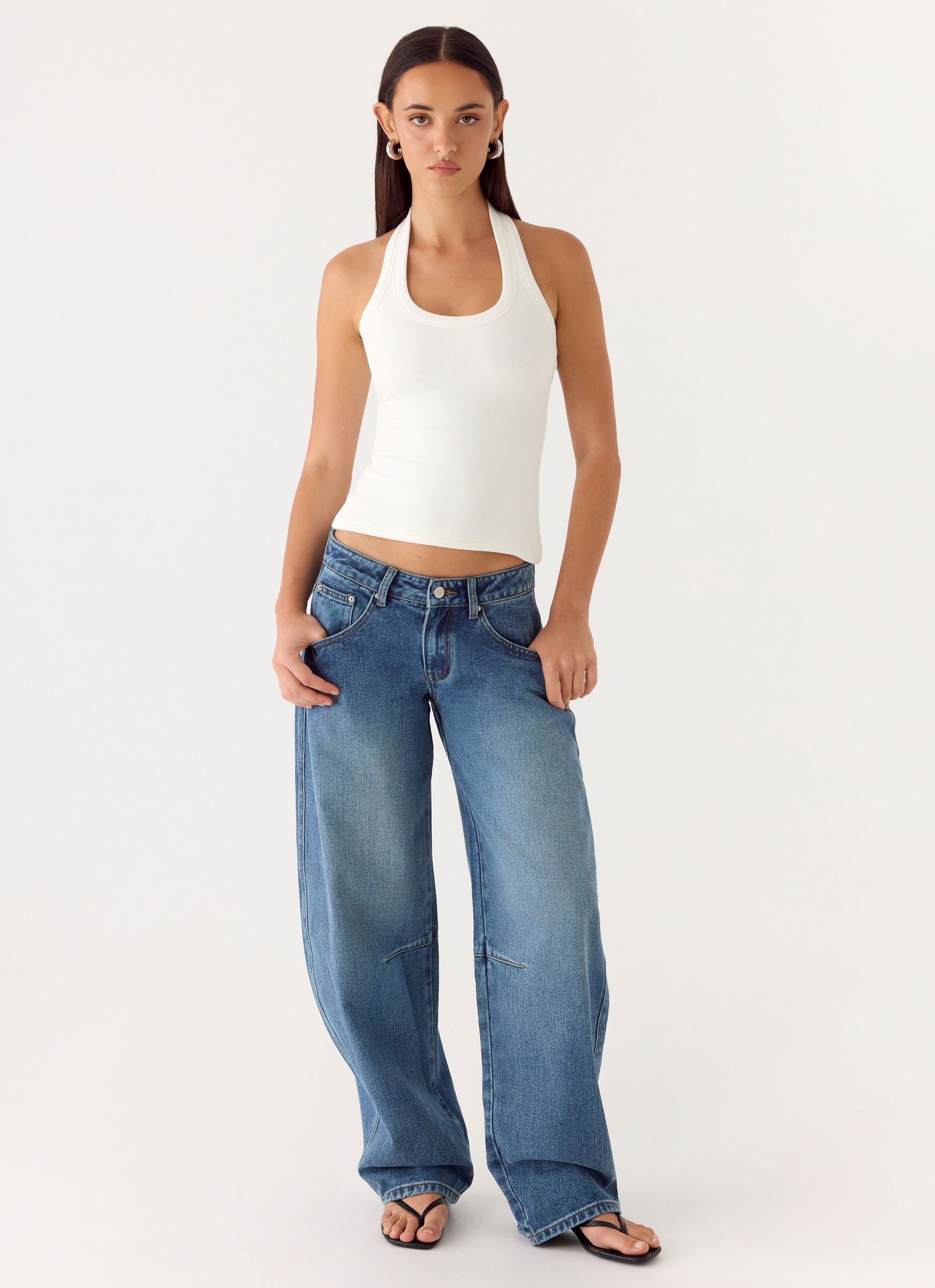 Stevie Low Rise Barrel Leg Jeans - Mid Wash Blue