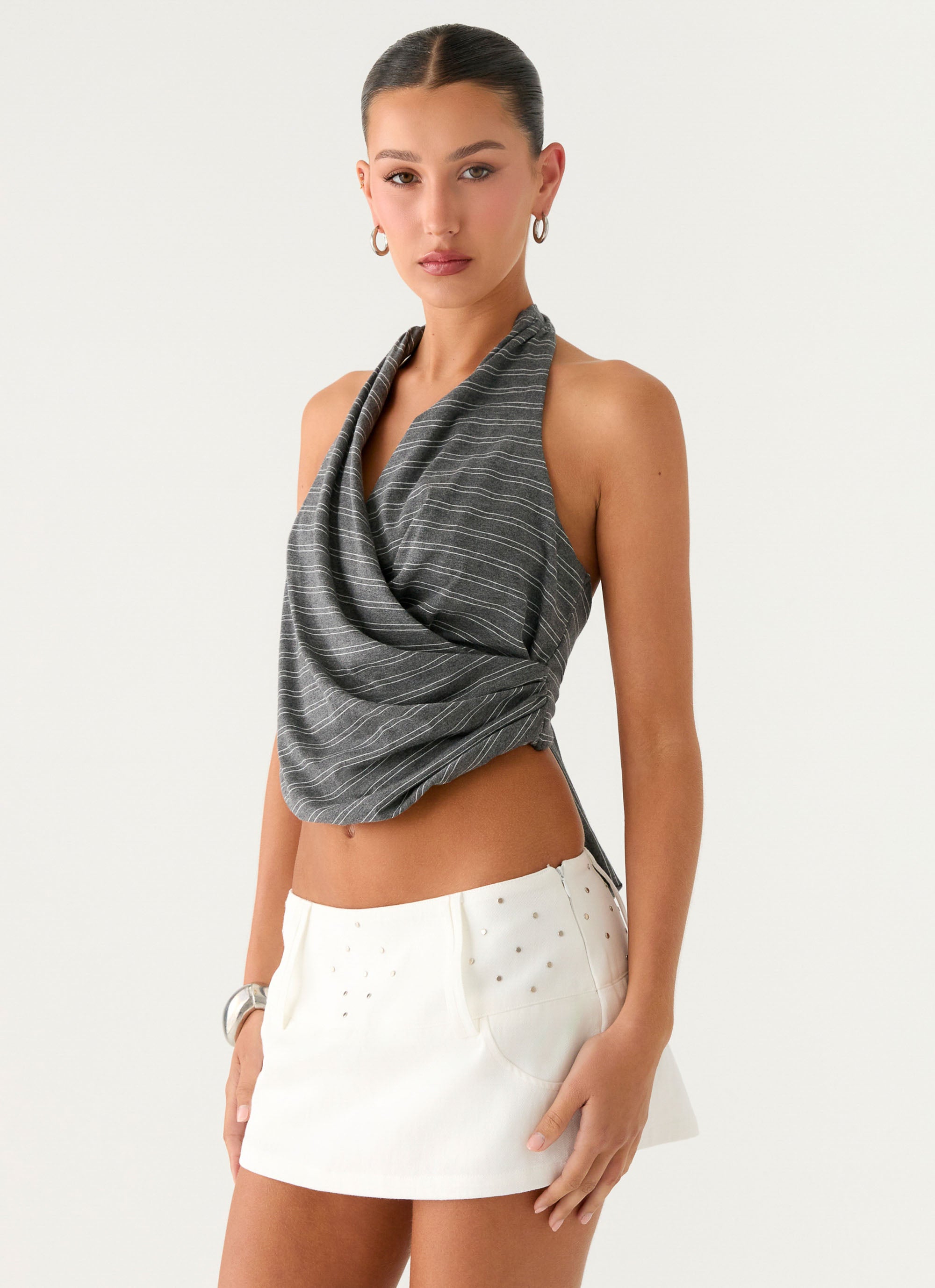 Vassy Halter Top - Grey Marle Stripe